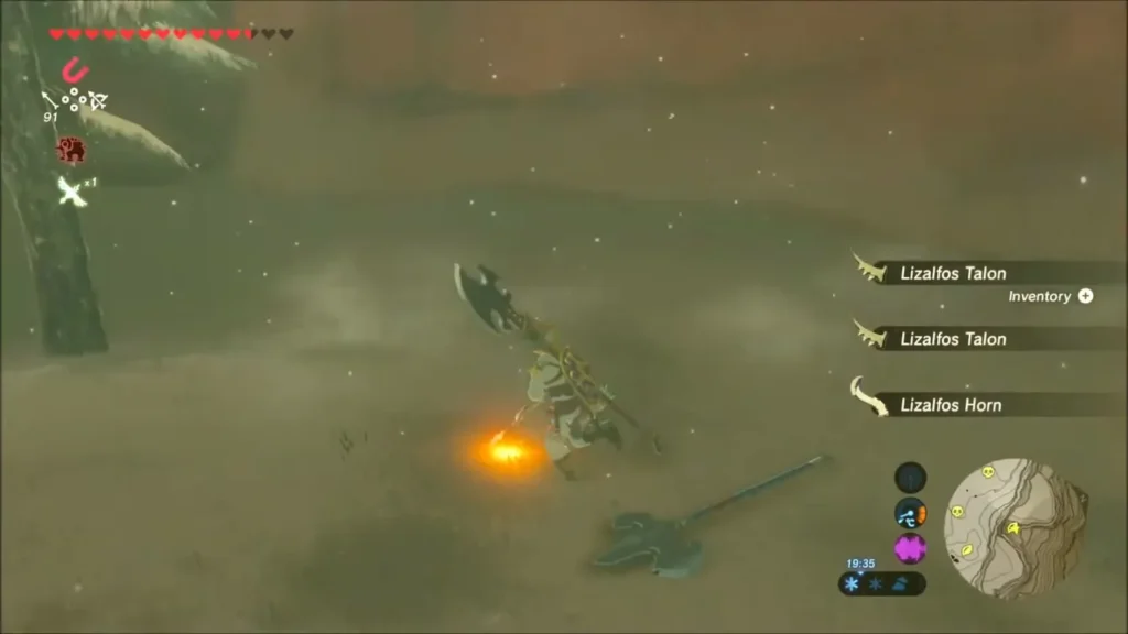 Link beside a defeated Lizalfos with Lizalfos Talons and Horn drops at the base of the pine Link beside a defeated Lizalfos with Lizalfos Talons and Horn drops at the base of the pine