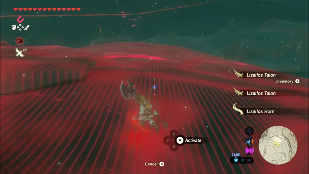 Lizalfos Talons and a Lizalfos Horn collected after a fight, shown under Magnesis Lizalfos Talons and a Lizalfos Horn collected after a fight, shown under Magnesis