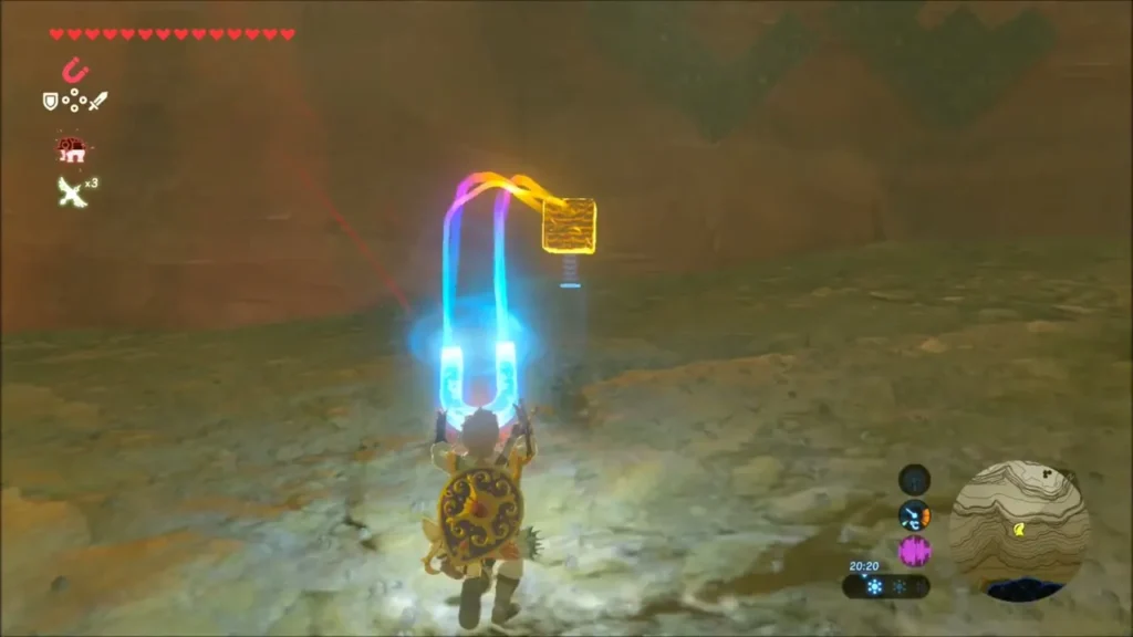 Link grabbing a metal block with Magnesis in the canyon Link grabbing a metal block with Magnesis in the canyon