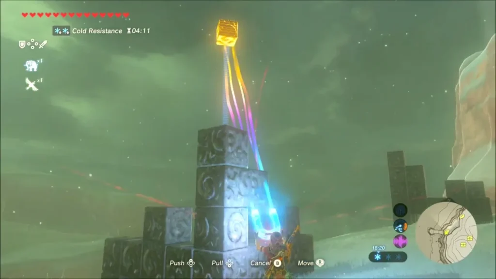 A glowing metal block lifted above a stack of carved stone blocks with Magnesis A glowing metal block lifted above a stack of carved stone blocks with Magnesis