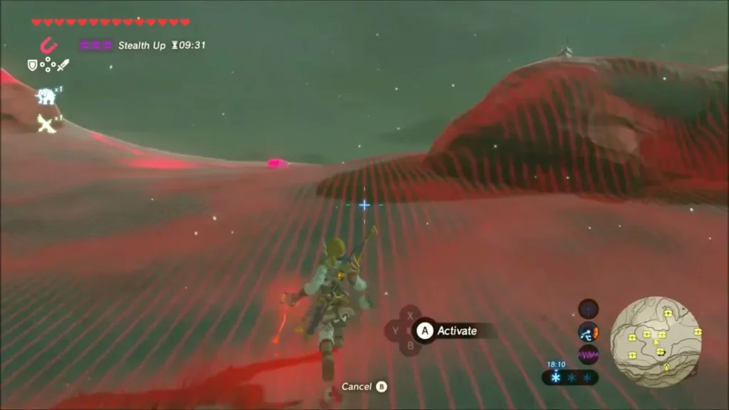 Red Magnesis sweep glowing over the snowy slope while Link searches for a buried chest Red Magnesis sweep glowing over the snowy slope while Link searches for a buried chest