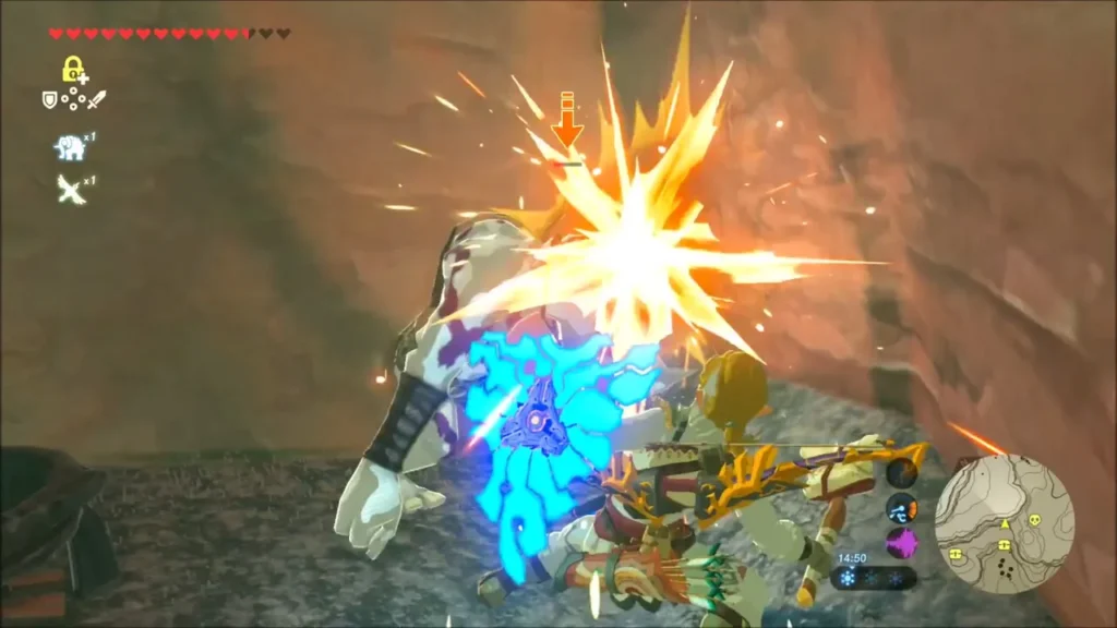 Link striking a Moblin in a rocky hollow Link striking a Moblin in a rocky hollow