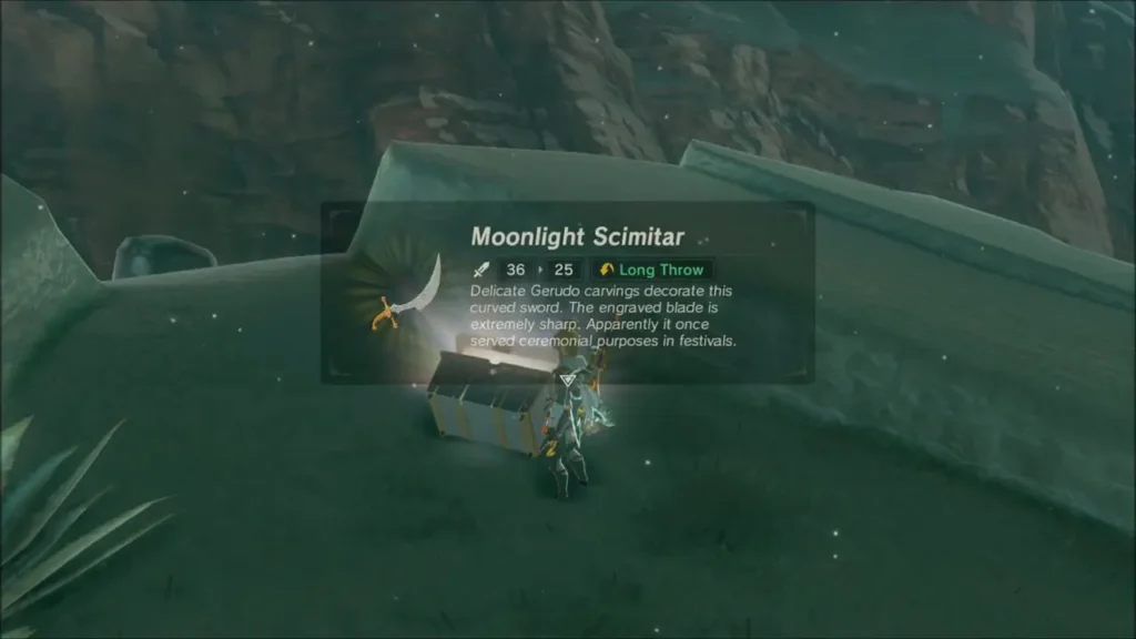 Link at an open chest with the Moonlight Scimitar item box Link at an open chest with the Moonlight Scimitar item box