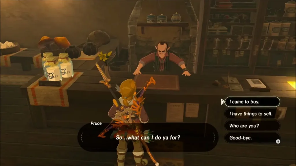 Pruce behind his shop counter greeting Link Pruce behind his shop counter greeting Link