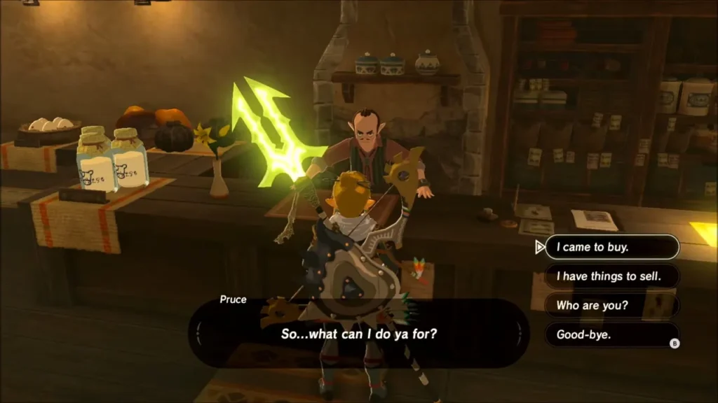 Link at the counter of Pruce's shop in Hateno Village Link at the counter of Pruce's shop in Hateno Village
