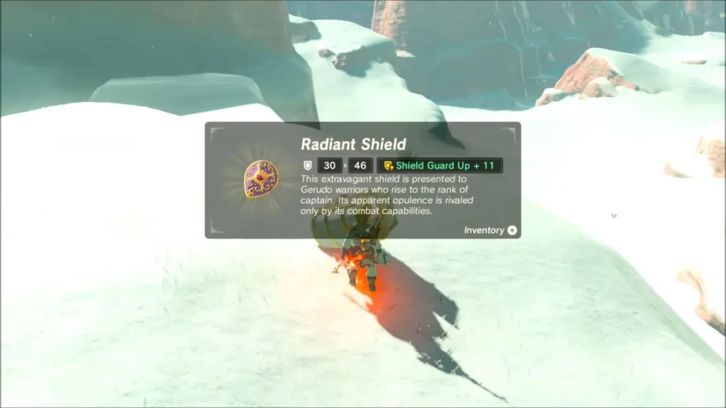 Link carrying a chest as the Radiant Shield item box appears Link carrying a chest as the Radiant Shield item box appears