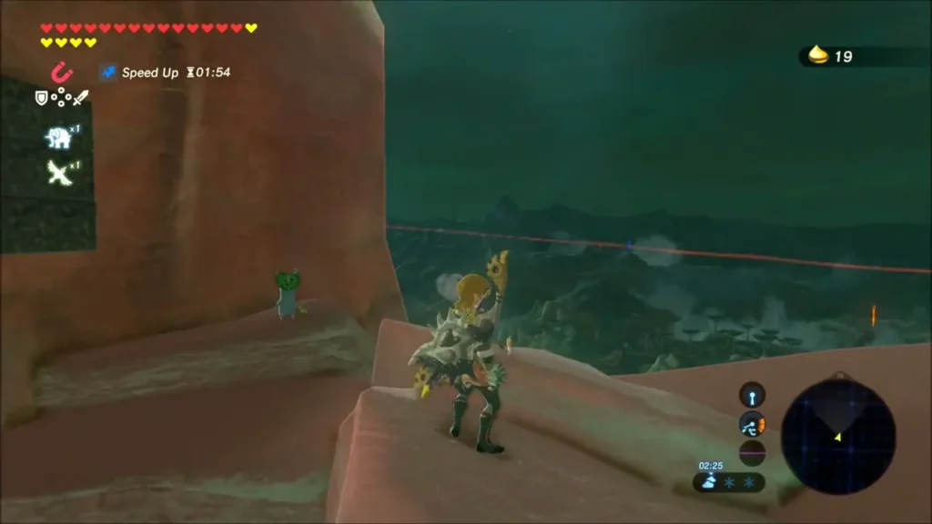 Link on a red rock ledge with a Korok on the ledge across from him Link on a red rock ledge with a Korok on the ledge across from him