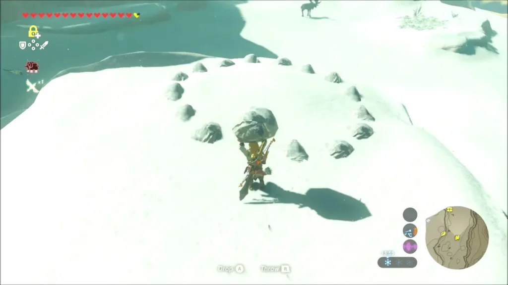 Link lifting a rock beside a ring of small stones with a gap Link lifting a rock beside a ring of small stones with a gap