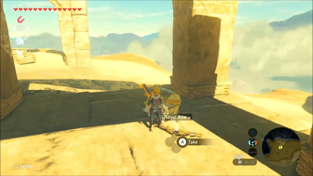 Link about to take the Royal Bow beside a chest at the end of the ruins Link about to take the Royal Bow beside a chest at the end of the ruins