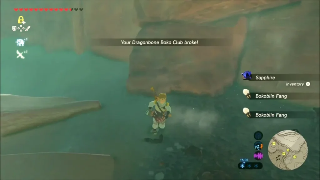 Sapphire and two Bokoblin Fangs picked up in the hollow Sapphire and two Bokoblin Fangs picked up in the hollow