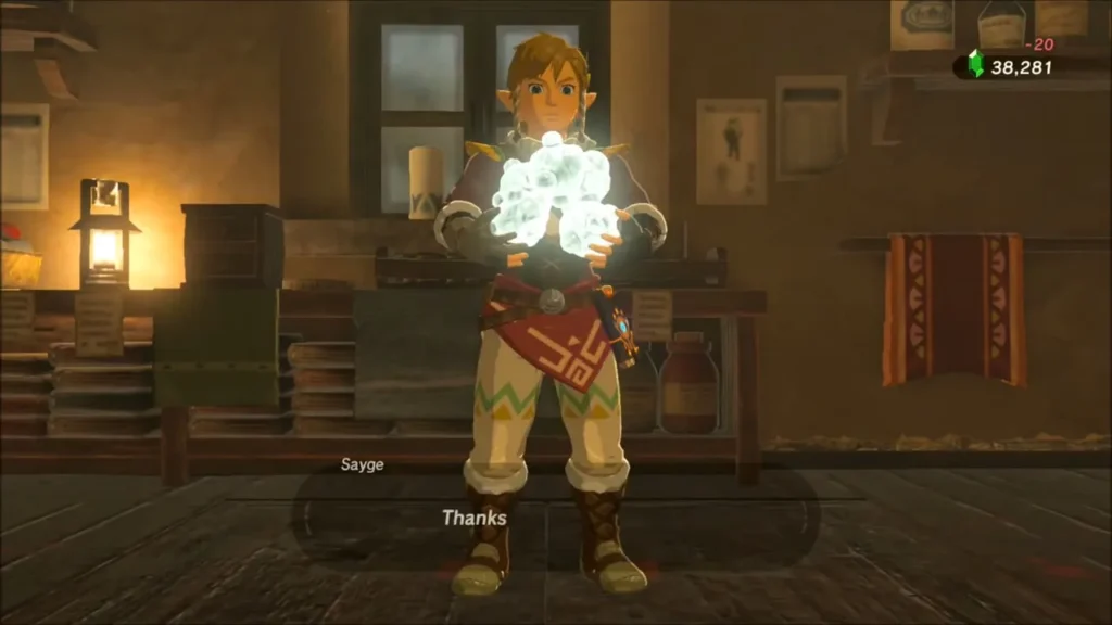 Link holding up the glowing dye he made at Sayge's shop Link holding up the glowing dye he made at Sayge's shop