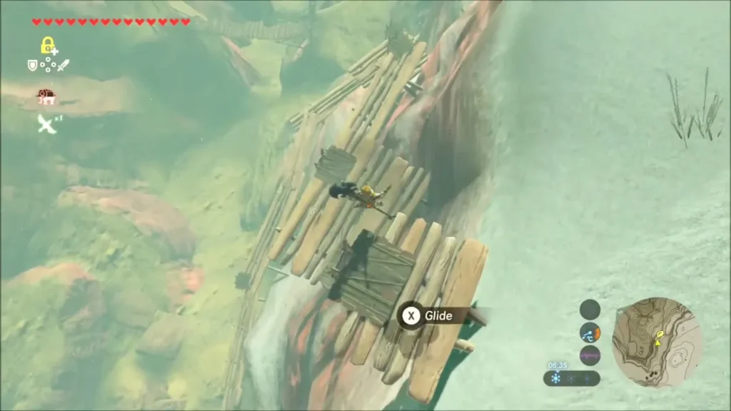 Link on wooden planks of the scaffolding built against the red cliff Link on wooden planks of the scaffolding built against the red cliff