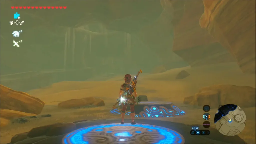 Link standing at a Sheikah warp point in the sandy canyon Link standing at a Sheikah warp point in the sandy canyon