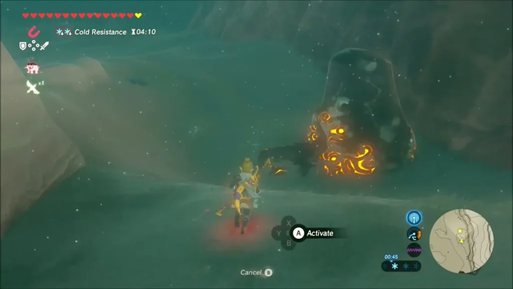 Glowing orange shrine entrance appearing out of the snowy haze Glowing orange shrine entrance appearing out of the snowy haze