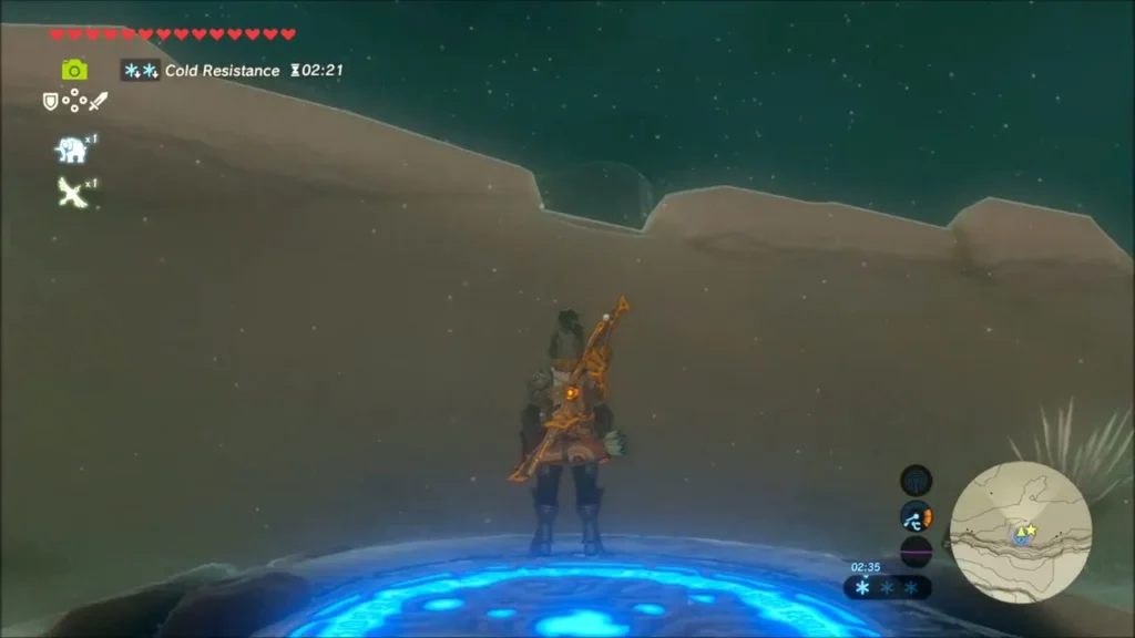 Link standing on the blue warp pad outside the shrine Link standing on the blue warp pad outside the shrine