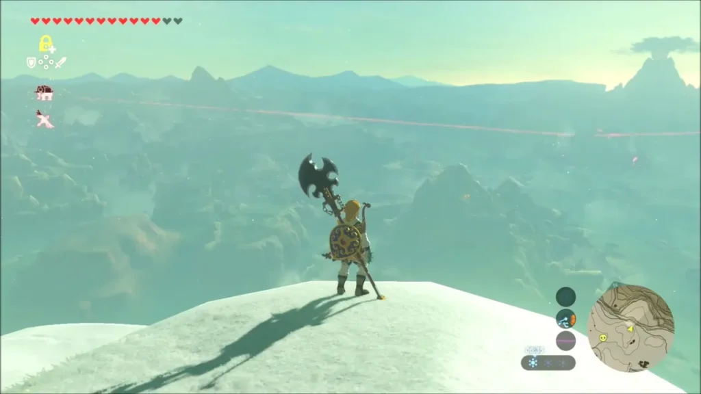 Link on a snowy peak overlooking the Gerudo Highlands plateau Link on a snowy peak overlooking the Gerudo Highlands plateau