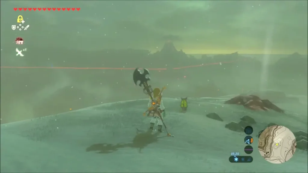 Link on a blizzard-swept ridge with a Korok standing nearby Link on a blizzard-swept ridge with a Korok standing nearby
