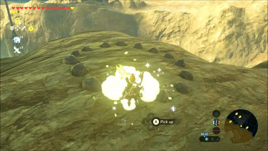 Link stepping into a ring of small stones and picking up a Korok Seed in a burst of light Link stepping into a ring of small stones and picking up a Korok Seed in a burst of light
