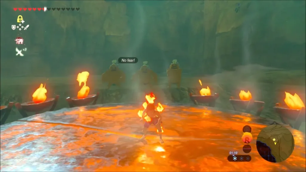 Link on the glowing plate, wreathed in flames, with the Goron trio watching Link on the glowing plate, wreathed in flames, with the Goron trio watching