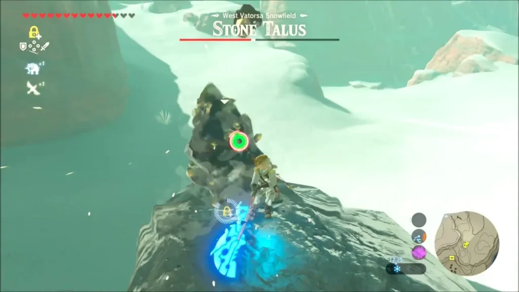 Link on the rock beside the Stone Talus with its glowing ore targeted Link on the rock beside the Stone Talus with its glowing ore targeted