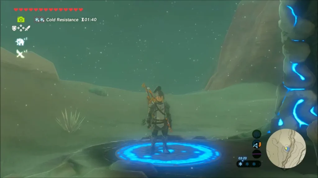 Link standing on a glowing warp pad at night in the Gerudo Highlands snow Link standing on a glowing warp pad at night in the Gerudo Highlands snow
