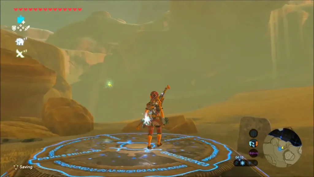 Link on the Sheikah warp platform as the game saves, canyon walls behind Link on the Sheikah warp platform as the game saves, canyon walls behind
