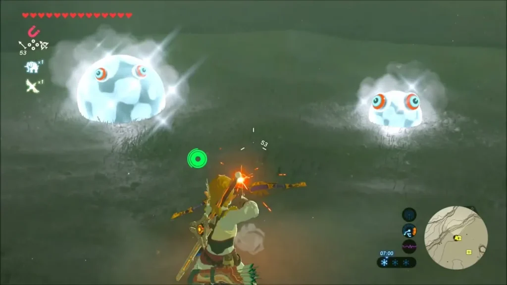 Link aiming a bow at two White Chuchus Link aiming a bow at two White Chuchus
