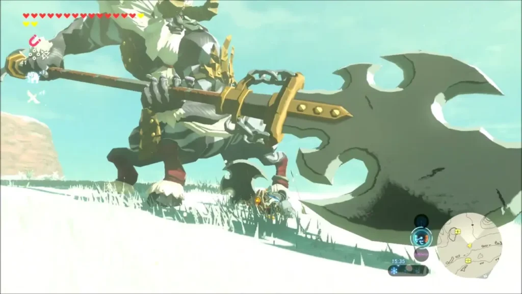 White-Maned Lynel raising a huge axe-spear over Link White-Maned Lynel raising a huge axe-spear over Link