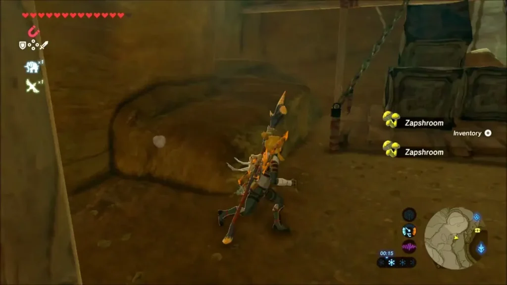 Link picking up Zapshrooms beside hanging chests on a timber scaffold Link picking up Zapshrooms beside hanging chests on a timber scaffold