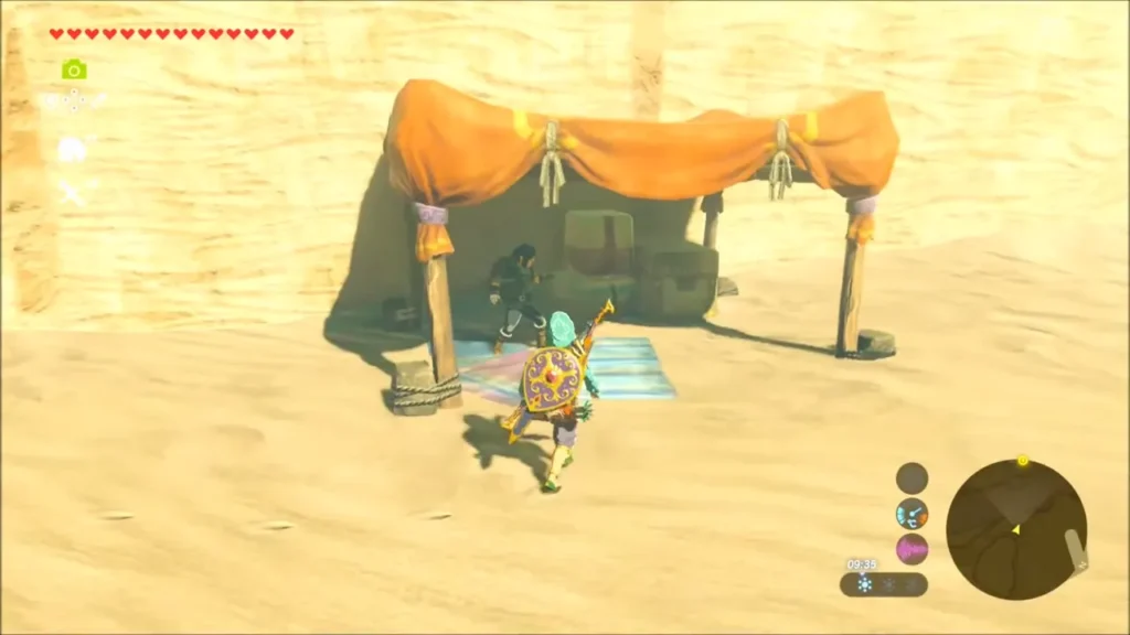 Link in the Gerudo outfit walking up to Bozai's canopy stall Link in the Gerudo outfit walking up to Bozai's canopy stall