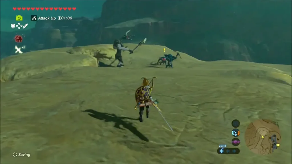 Link with an Attack Up boost running toward a Moblin and Bokoblin Link with an Attack Up boost running toward a Moblin and Bokoblin