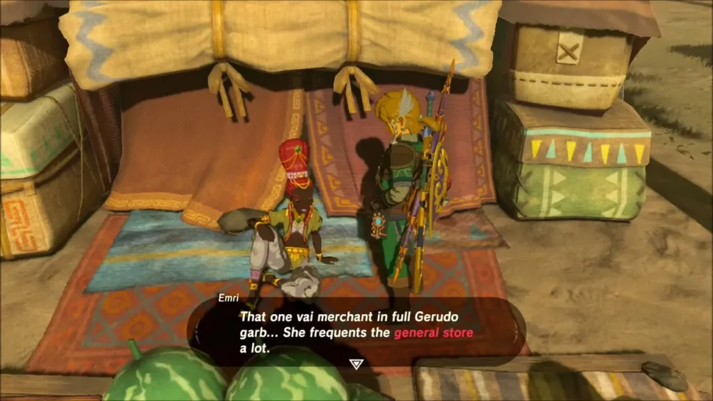Link questioning a merchant sitting at his stall about the stranger Link questioning a merchant sitting at his stall about the stranger