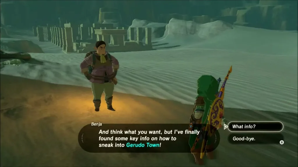Benja telling Link he found key info on sneaking into Gerudo Town Benja telling Link he found key info on sneaking into Gerudo Town