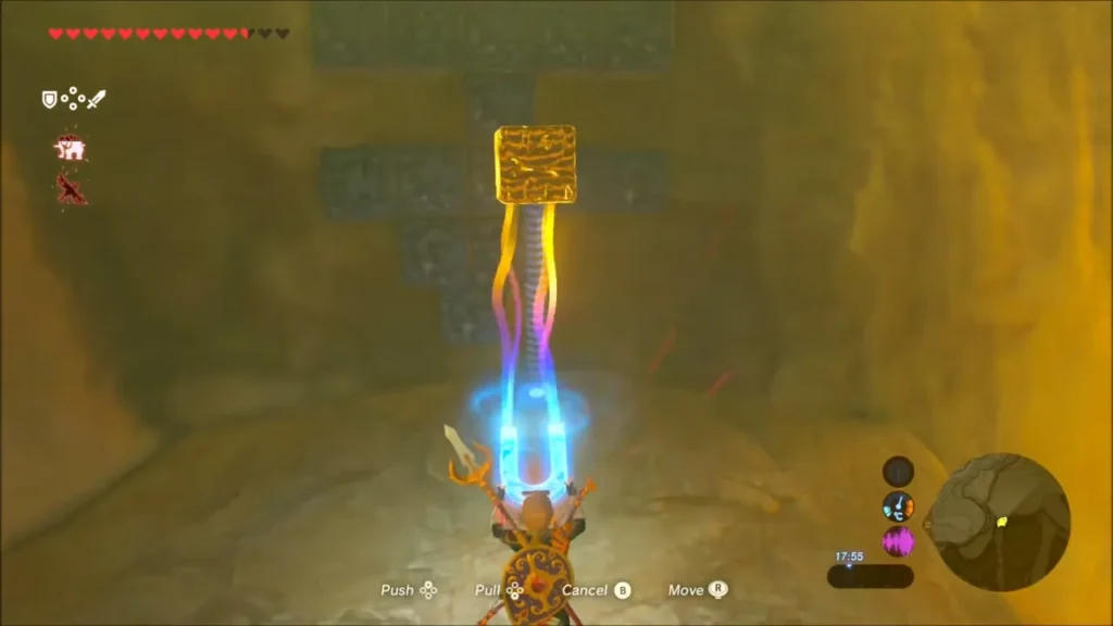 Link guiding a metal block into the stone shape on the wall Link guiding a metal block into the stone shape on the wall