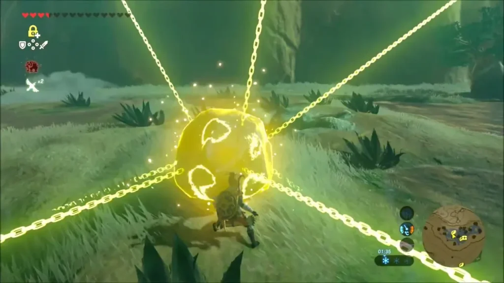 The boulder frozen by Stasis with golden chains around it The boulder frozen by Stasis with golden chains around it