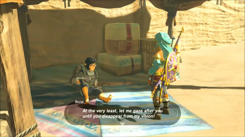 Bozai sitting barefoot on his rug as Link prepares to leave Bozai sitting barefoot on his rug as Link prepares to leave