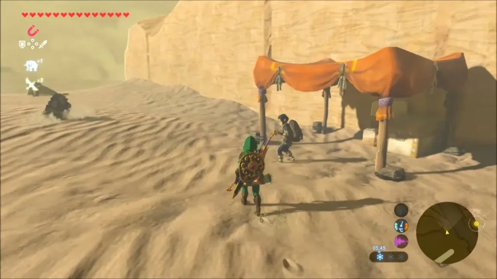 Link walking toward Bozai standing under an orange canopy Link walking toward Bozai standing under an orange canopy