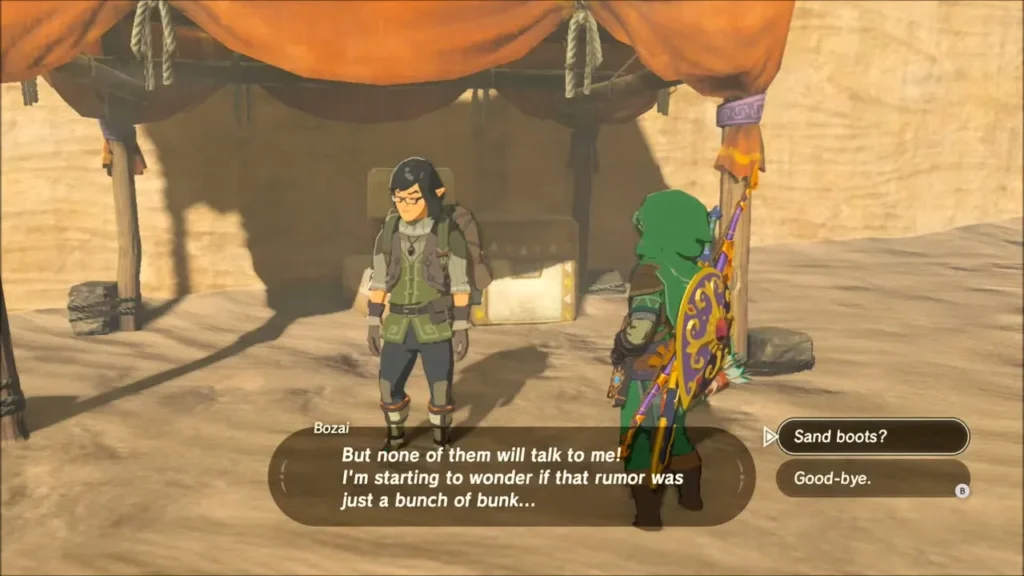 Bozai talking with Link and mentioning sand boots Bozai talking with Link and mentioning sand boots