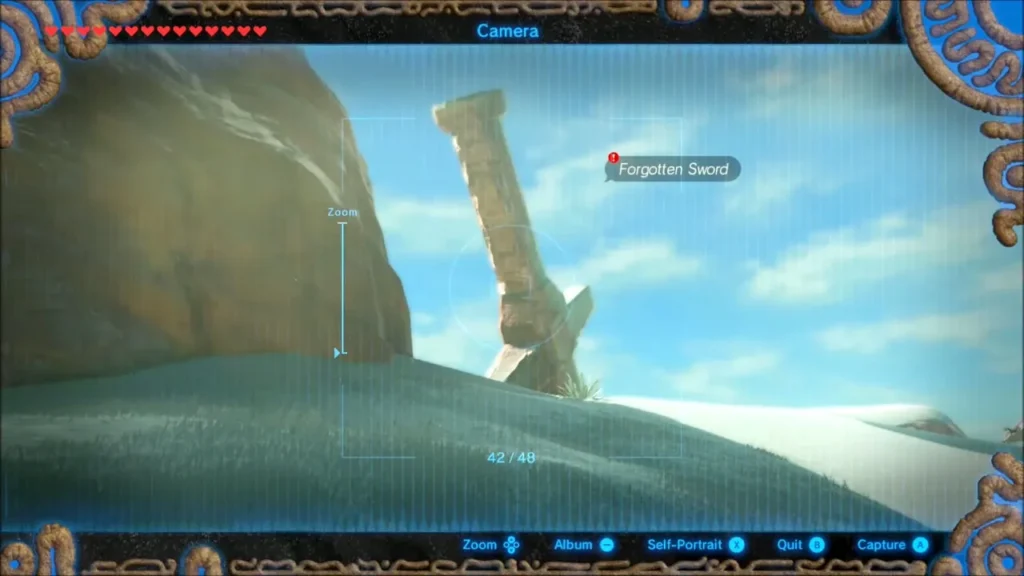 Camera view of the giant Forgotten Sword stuck in the ground, tagged in view Camera view of the giant Forgotten Sword stuck in the ground, tagged in view