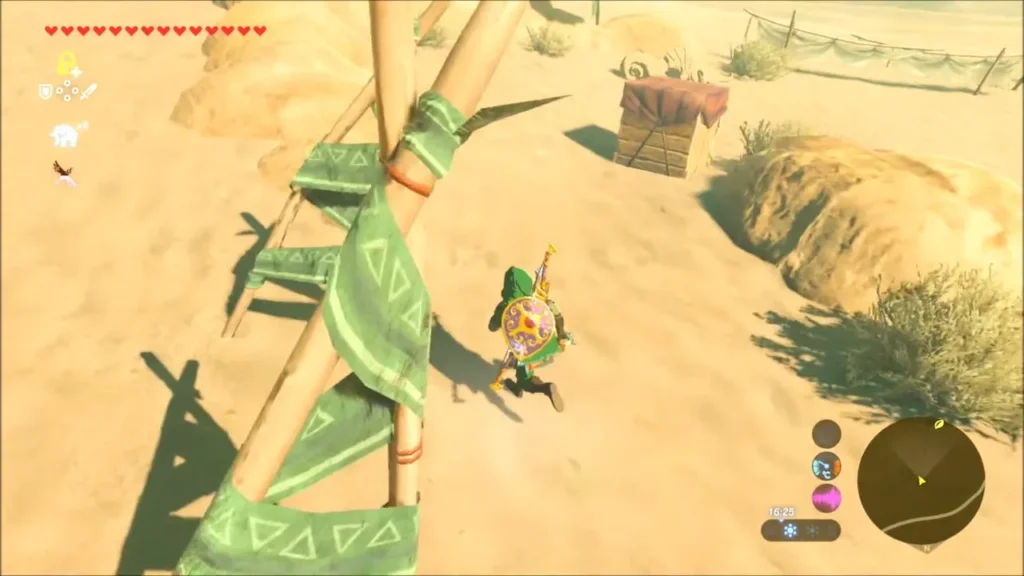 Link passing banner poles and a crate at the Lizalfos camp in the dunes Link passing banner poles and a crate at the Lizalfos camp in the dunes