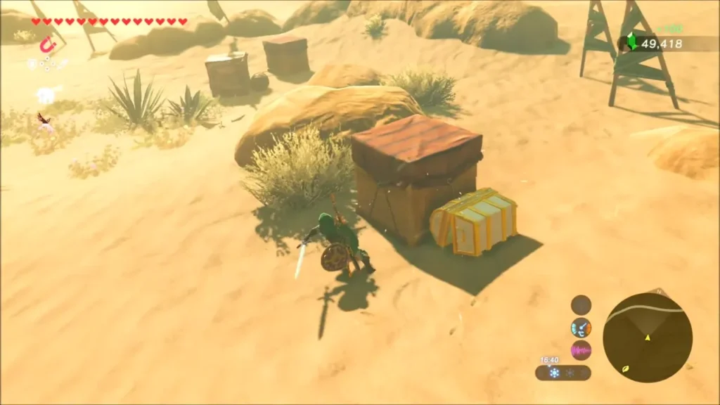 Link with a chest beside broken crates in the desert camp Link with a chest beside broken crates in the desert camp