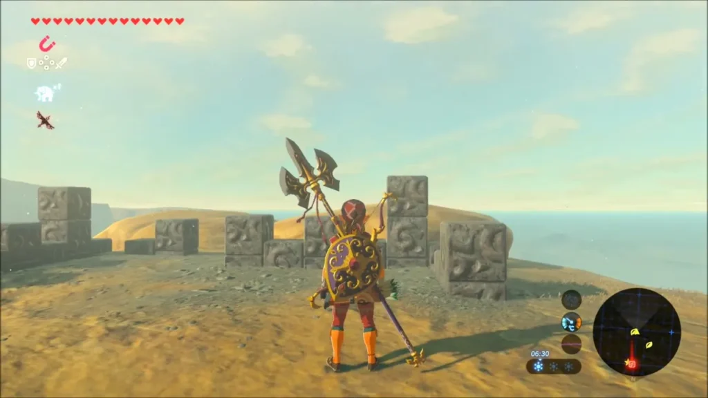 Link standing before the row of carved stone blocks on the bluff Link standing before the row of carved stone blocks on the bluff