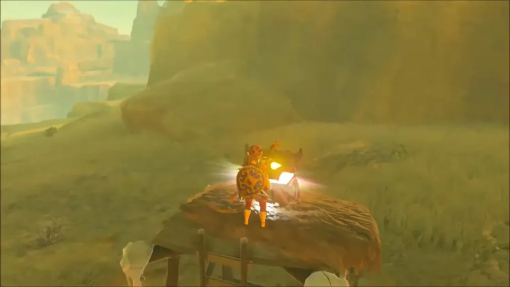 Link standing on the lookout platform beside the glowing chest Link standing on the lookout platform beside the glowing chest
