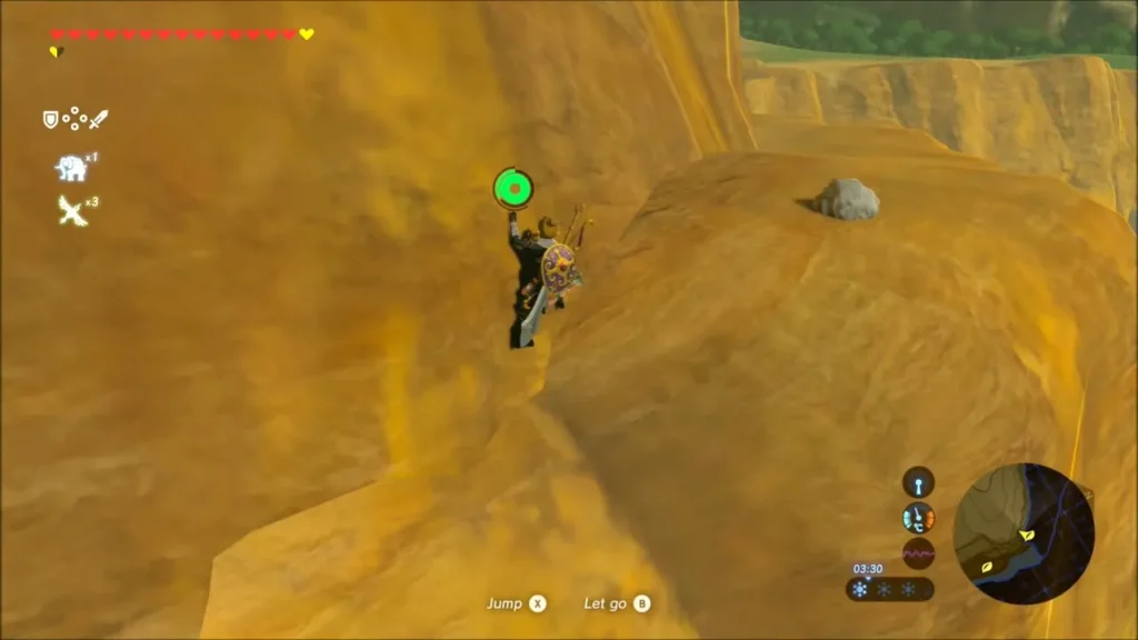 Link climbing a sandstone ledge in the canyon Link climbing a sandstone ledge in the canyon
