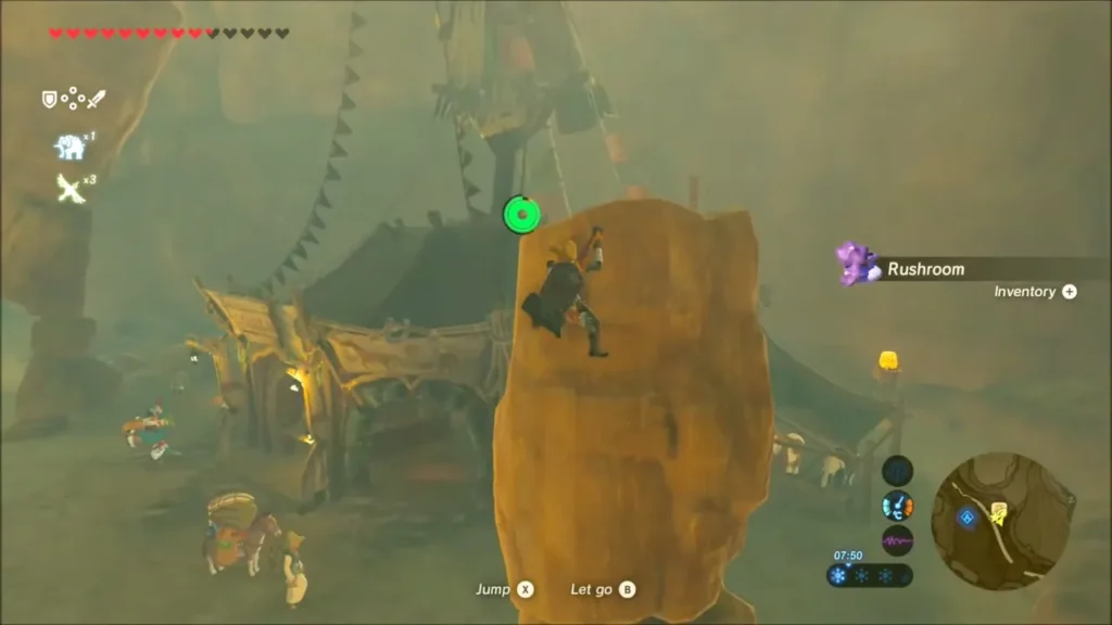 Link climbing the rock pillar beside the stable and picking a Rushroom Link climbing the rock pillar beside the stable and picking a Rushroom