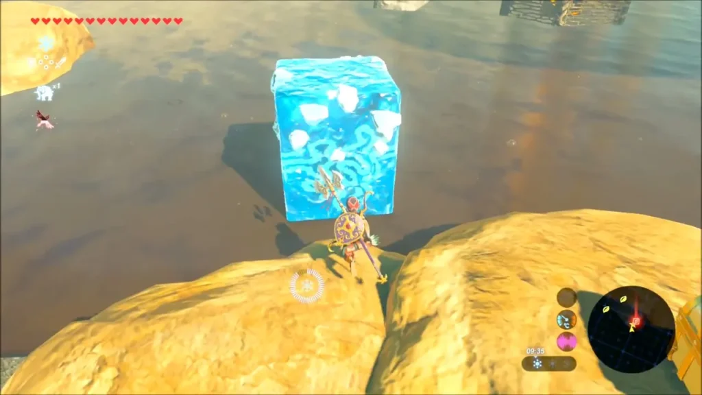 Link beside a Cryonis ice block rising from the quicksand Link beside a Cryonis ice block rising from the quicksand
