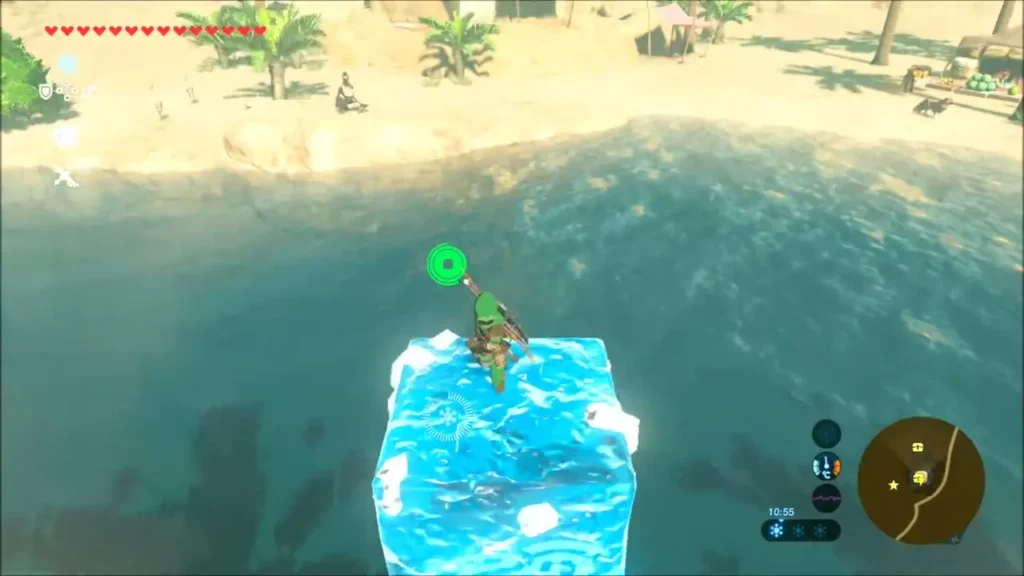 Link standing on a Cryonis ice block raised in the oasis pond Link standing on a Cryonis ice block raised in the oasis pond