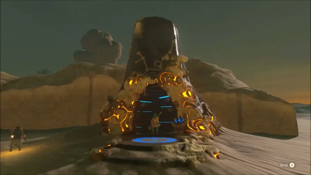 Daqo Chisay Shrine risen from the sand with its entrance glowing Daqo Chisay Shrine risen from the sand with its entrance glowing