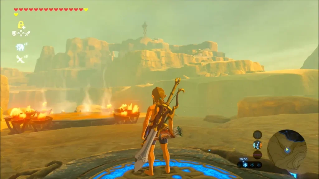 Link on a shrine warp pad at the desert edge with a tower in the haze Link on a shrine warp pad at the desert edge with a tower in the haze