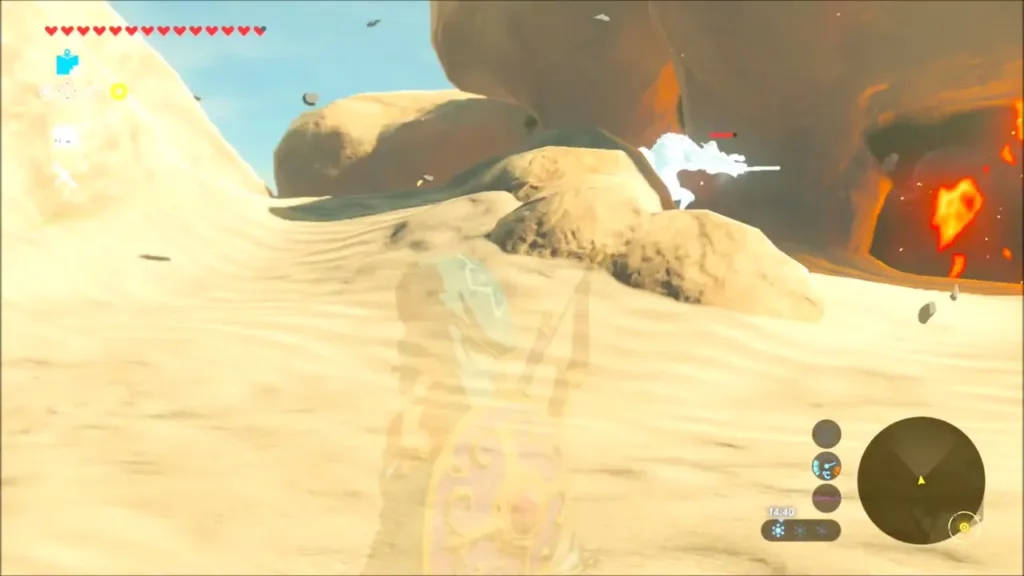 Link fighting a Lizalfos near a fire in the dunes rock arches Link fighting a Lizalfos near a fire in the dunes rock arches